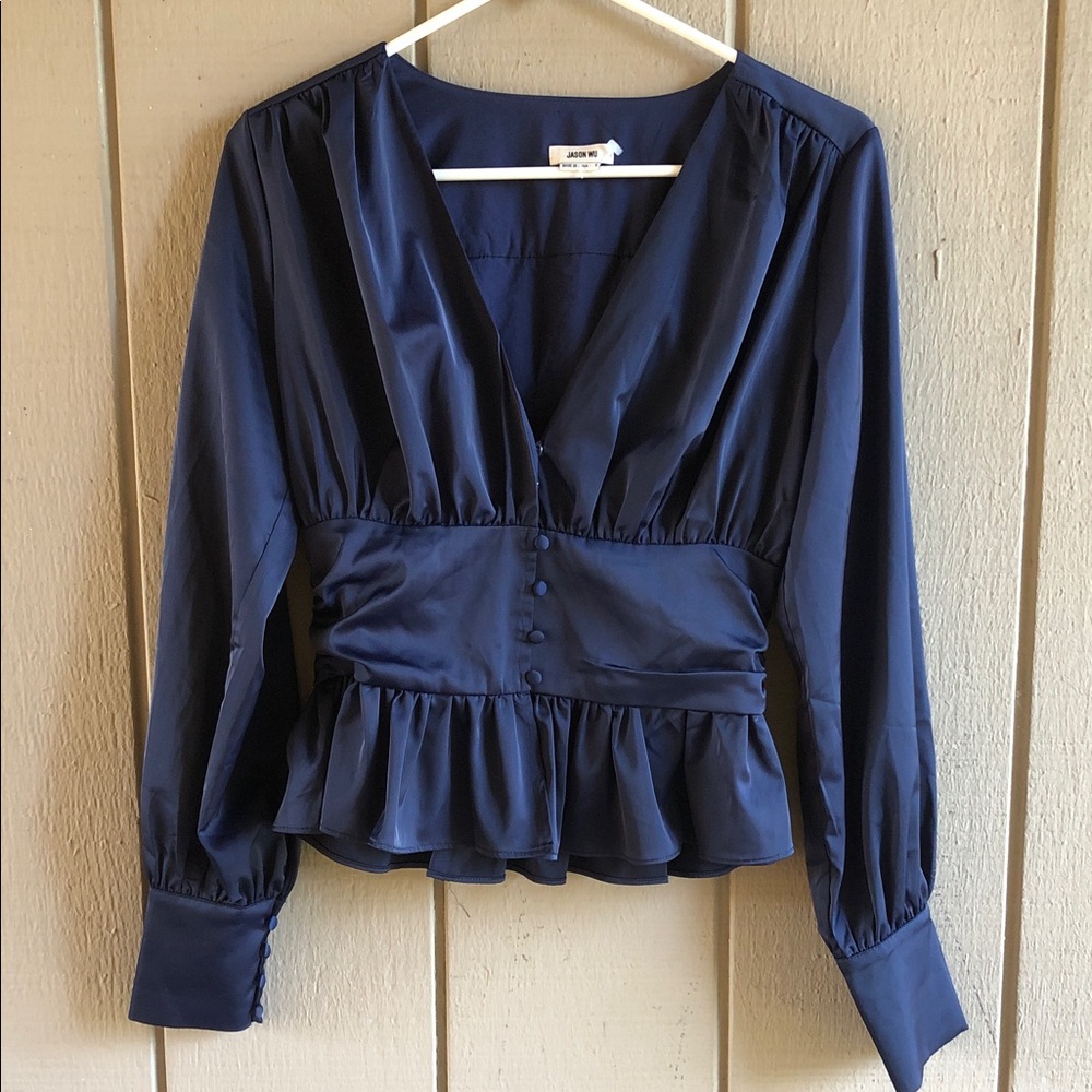 Jason Wu Navy V-Neck Peplum Blouse